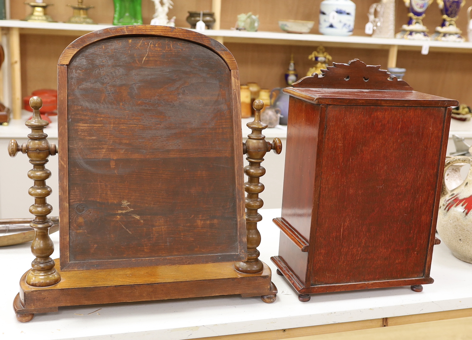 A Victorian mahogany dressing/toilet mirror and a smaller mirrored, one drawer, china handled cabinet, cabinet 47cm high, 30cm wide
